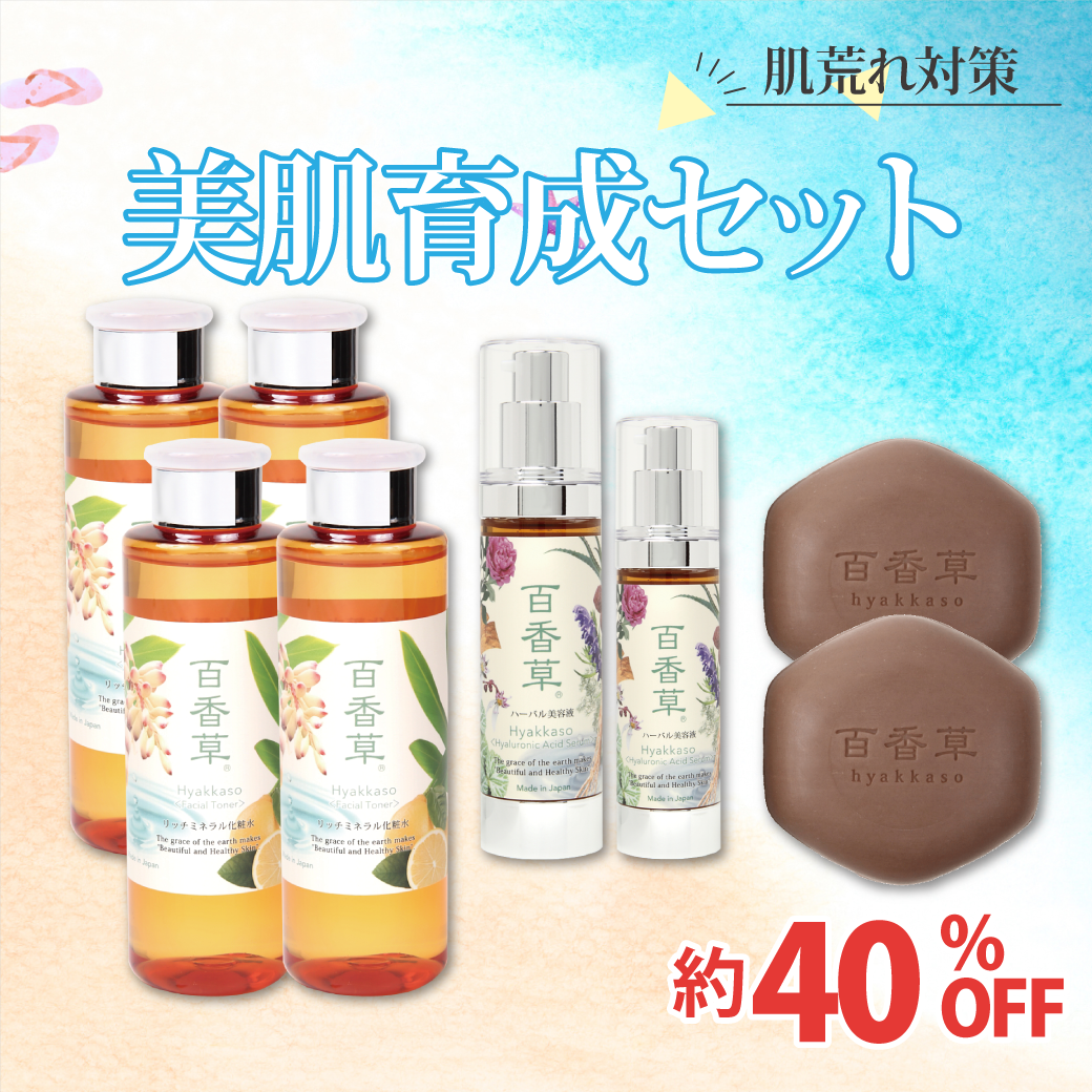 【肌荒れ対策】美肌育成セット（美肌せっけん80g×2個・リッチミネラル化粧水200ml×4本・ハーバル美容液50ml×1本＆30ml×1本）約40%OFF